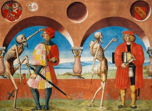 Morte, Cavaleiro e Jurista do ciclo Dança da Morte de Albrecht Kauw de Niklaus Manuel