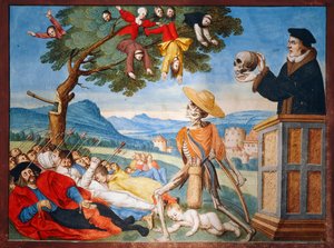A morte entra em ação com sua foice e os homens caem como folhas mortas, sermão de Memento Mori do ciclo de Dança da Morte de Albrecht Kauw