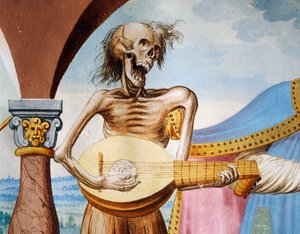 A Morte tocando a mandola, detalhe da Morte, o Patriarca e o Bispo do ciclo de Dança da Morte de Albrecht Kauw de Niklaus Manuel