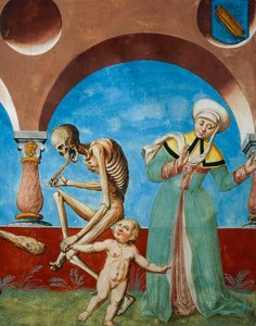 Morte arrancando criança de sua mãe, detalhe da Morte, idiota e mãe com criança do ciclo Dança da Morte de Albrecht Kauw de Niklaus Manuel