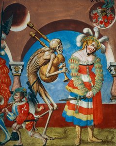 Morte com gaita-de-foles e Prostituta, detalhe da Morte, Mercenário e Prostituta do ciclo Dança da Morte de Albrecht Kauw