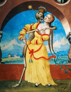 Morte com jovem mulher, detalhe da Morte, viúva e jovem mulher do ciclo de Dança da Morte de Albrecht Kauw de Niklaus Manuel