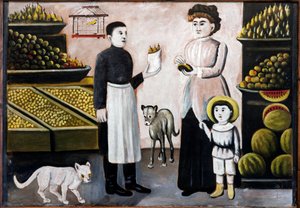 Fruit Stall par Pirosmani, Niko (1862-1918). Óleo sobre cartão, tamanho : 104x73, , Museu Niko Pirosmanashvili, Mirzaani