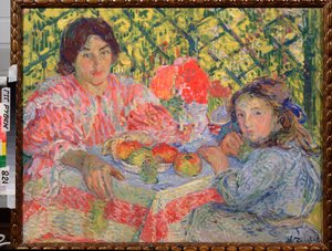A la table du petit dejeuner (Na mesa do pequeno-almoço) - Peinture de Nikolai Aleksandrovich Tarkhov (Tarhov, Tarkov, Tarkhoff ou Tarkoff de Nikolai Aleksandrovich Tarkhov