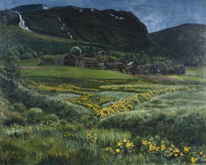 Noite de junho e antigo pátio ocidental da Noruega (óleo sobre tela) de Nikolai Astrup