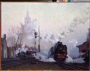 A caminho. As locomotivas a vapor afogam a paisagem urbana no fumo dos seus carris. Pintura de Nikolai Dmitryevich Kuznetsov (1923-1974), óleo sobre tela de Nikolai Dmitrievich Kuznetsov