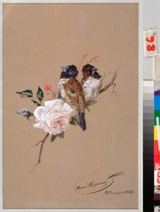 Two Birds On A Rose - Trabalho de Nikolai Yegorovich Sverchkov (Nicholas Swertschkoff) (1817-1898), aguarela e tinta sobre papel