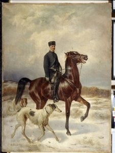 O Caçador (O Caçador). A cavalo e acompanhado por seus cães Barzoi (galgo russo). Pintura de Nikolai Yegorovich Sverchkov (Nicolas Swertschkoff) (1817-1898), óleo sobre tela. arte russa
