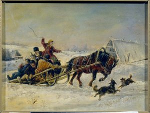 Mardi Gras (shrovetide). (Após as festividades, uma mulher acompanha os homens bêbados a casa no seu trenó puxado por cavalos). Pintura de Nikolai Yegorovich Sverchkov (Nicholas Swertschkoff) (1817-1898), óleo sobre tela. Arte russa