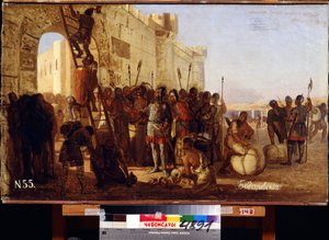 O príncipe Oleg tem seu escudo fixado nos portões de Constantinopla. (Igor de Kyiv, príncipe Varangian soberano de Kyiv de 912 a 945). Pintura de Nikolai Kornilovich Bodarevsky (1850-1921). Hui