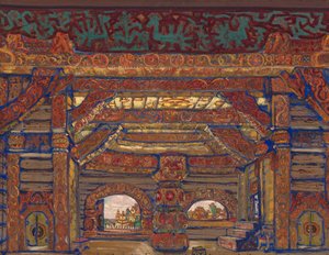 O palácio do czar Berendey. Cenografia da peça de teatro Snow Maiden de A. Ostrovsky, 1912 de Nikolai Konstantinowitsch Roerich