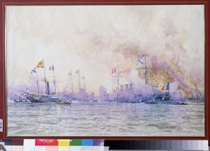 Chegada do Esquadrão Francês em Krondstadt em 1893. Paisagem marítima, com descrição realista das forças navais francesas (navios de guerra, fragatas e corvetas), seguindo a aliança franco-russa de Nikolai Nikolaevich Gritsenko