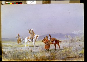 Falcoaria (A Falcoaria). Cavaleiros da Ásia Central treinam falcões para caçar nas estepes. Pintura de Nikolai Nikolayevich Karasin (1842-1908), óleo sobre tela de Nikolai Nikolaevich Karazin
