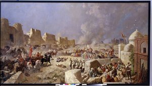 O exército russo invade Samarcanda (Uzbequistão) (O exército russo invadiu Samarcanda). Período de expansão russa na Ásia Central, os russos tomam Samarcanda em 1868. Pintura de Nikolai Nikolayevich Karasin (1842-1908), óleo sobre tela 1888. Arte