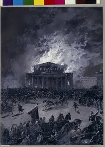 O incêndio do Teatro Bolshoi em Moscou (Rússia), 11 de março de 1853 (Movimento da multidão em frente ao prédio e chegada dos bombeiros) - Obra de Nikolai Nikolayevich Karasin (1842-1908), guache sobre papel - arte russa, segunda metade do século XIX - S.