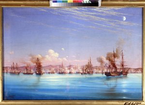 O bombardeio de Sebastopol pelo esquadrão franco-britânico em 1854. (Bombardeamento de Sebastopol do esquadrão francês britânico em 1854). Episódio do cerco da cidade de 1854 a 1855, durante a Guerra da Criméia entre a coalizão dos impérios otomanos, f de Nikolai Pavlovich Krasovsky