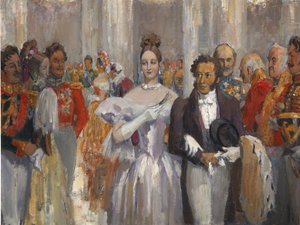 Alexander Pushkin com sua esposa no baile.