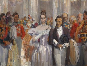 Alexander Pushkin com sua esposa no baile.