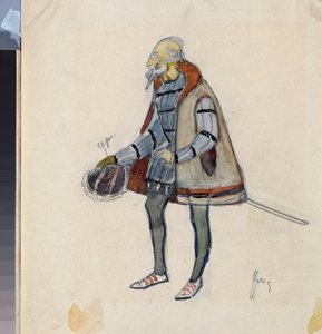 Traje preparado, le baron avare, para a peça de teatro "Le chevalier avare" de Alexandre Pouchkine (1799-1837) (Desenho do traje para a peça de teatro The Miserly Knight de A Pushkin) - Oeuvre de Nikolai Pavlovich Ulyanov (Oulianov) (1875-1949), cra