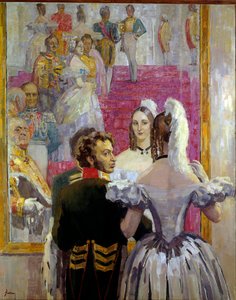Poeta russo Alexander Pushkin (Pushkin) (1799-1837) e sua esposa Natalia Gontcharova (Goncharova) no Anichkof Palace Ball. Pintura de Nikolai Pavlovich Ulyanov (Ulyanov) (1875-1949)