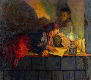 Crianças lendo à luz de velas (óleo sobre tela)