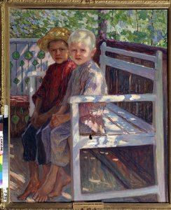 Crianças. Duas crianças, uma com cabelo louro, a outra com cabelo castanho, sentadas descalças sobre um banco ao sol. Pintura de Nikolai Petrovich Bogdanov Belsky (Bogdanov-Belsky) (Bogdanov-Belski) (1868-1945). Óleo sobre tela