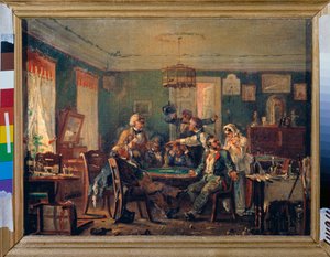 Jeu de cartes - Jogo de cartas - Pintura de Nikolai Petrovich Petrov (1834-1876), óleo sobre tela, cerca de 1850 - Arte russa do século XIX - Museu Estatal Russo, São Petersburgo de Nikolai Petrovich Petrov