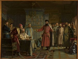 La querelle de Zakhary Petrovich Lyapunov (mort apres 1612) avec le tsar Vassili IV Chouiski (1552-1612) au Kremlin - A disputa de Zakhary Lyapunov com o czar Vasili Shuisky no Kremlin, por Nevrev, Nikolai Vasilyevich (1830-1904). Óleo sobre tela de Nikolai Vasilievich Nevrev