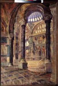 Hagia Sophia (Hagia Sophia) em Constantinopla (Istambul, Turquia). Vista interior da mesquita, arquitectura bizantina. Pintura de Nikolai Alexeyevich Kasatkin (Kasatkin) (1859-1930), óleo sobre tela, finais do século XIX. Arte