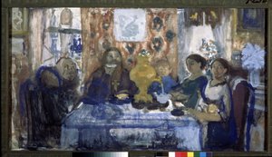 Tomar chá. Uma família reunida à volta de uma mesa com um samovar no centro. Trabalho de Nikolai Nikolayevich Sapunov (Sapunov) (1880-1912), tempera a bordo