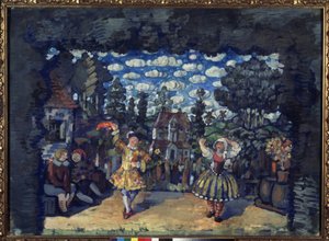 Hotel no Green Bull. Decoração preparatória para a peça "Dutchwoman Lisa" de Mikhail Kuzmin (1875-1936). Trabalho de Nikolai Nikolayevich Sapunov (Sapunov) (1880-1912), tempera a bordo