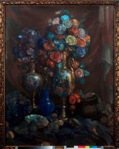 Nature morte (Vas, fleurs et frutas) - Natureza morta (Vas, flores e frutas) - Obra de Nikolai Nikolayevich Sapunov (Sapunov) (1880-1912), têmpera sobre tela