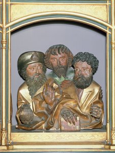 Esculturas em madeira de São Tiago Maior, São Simão e São Tadeu, da predelação do Retábulo de Isenheim, c.1490 (madeira pintada)