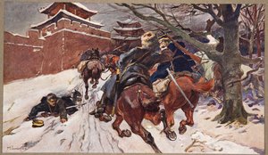 Noivado de cavalaria na periferia de Moukden, ilustração de 