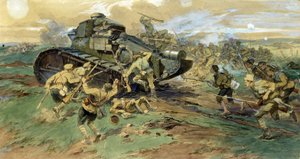 A Captura de um Tanque na Crimeia. Cena de batalha durante a Guerra Civil Russa (1917-1923), entre o Exército Branco e os Guardas Vermelhos. Trabalho de Nikolai Semyonovich Samokish (1860-1944), aguarela sobre papel de Nikolay Semenovich Samokish