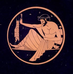 GR.1-1927 Copa figura ática vermelha, representando um banqueiro com chifre de beber, 520-510 aC (barro) de Nikosthenes