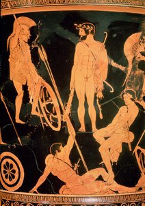 Herakles e heróis gregos, detalhe de um cálice ático de figura vermelha, c.490 aC (cerâmica) (ver também 92577 e 19106) de Niobid Painter
