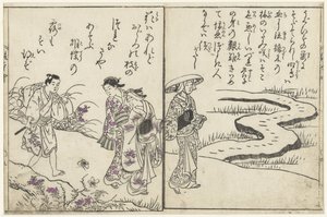 Caminhantes numa paisagem com flores de Nishikawa Sukenobu (attributed to)