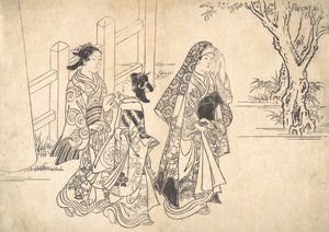 Uma cortesã seguida por duas atendentes, ca. 1690-1751. de Nishikawa Sukenobu