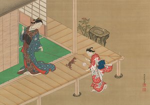 Cortesã e atendente brincando com um cachorro, ca. 1716-1736.