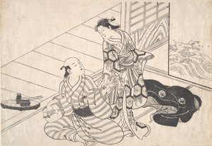 Lady interrompendo seu amante, que está jogando o Shamisen.