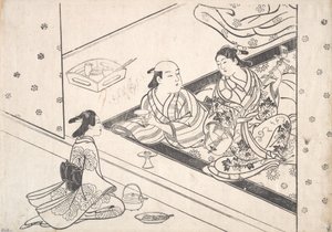 Lady jogando Shamisen, com seu amante e atendente nas proximidades.