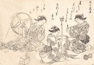 Três cortesãs tecendo seda. de Nishikawa Sukenobu