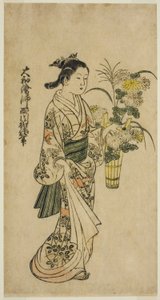 Jovem carregando um arranjo de flores de Nishikawa Sukenobu