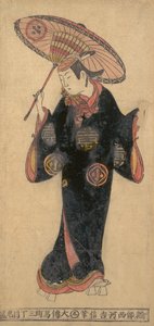 O ator Arashi Wakano como um jovem wakashu em uma capa de chuva kappa, ca. 1725., c. 1725. de Nishikawa Yoshinobu