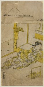 Mulher jovem dormindo com o Monte Fuji acima de Nishimura Shigenaga