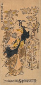 O ator Ogino Isaburo como vendedor de flores itinerante, ca. 1738., c. 1738. de Nishimura Shigenobu