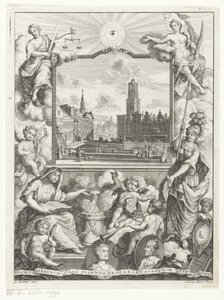 Stadsgezicht com Domkerk te Utrecht e alegoria com Utrechtse stedenmaagd Título da página: Elias de Vries, Dissertatio juridica, de jure naturale ac gentium, seu duobus prioribus juris fontibus, 1745. de Noach van der Meer (I)