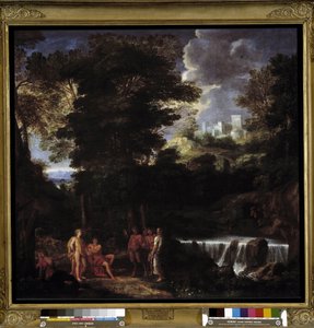 Marsyas tocando flauta diante de Apolo e Midas O sátiro desafia o deus Apolo, rei de lira diante do rei Midas e das Musas