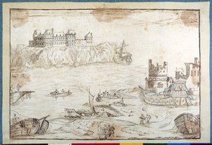 Um castelo sobrepondo falésias, com estudos de galeões e barcos de pesca (caneta e tinta castanha sobre papel)